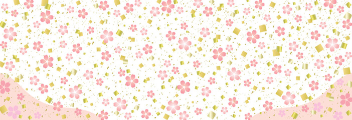 桜の花と金箔紙吹雪の和風背景/横長/桃色・金