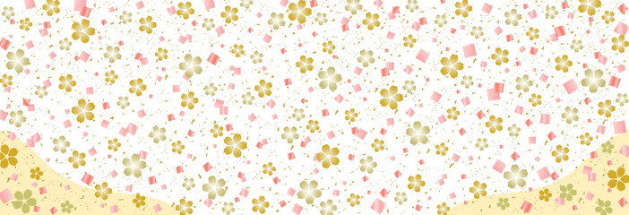 桜の花と金箔紙吹雪の和風背景/横長/金・ピンク