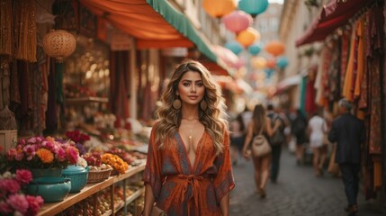 A beautiful woman in an orange dress standing in a market. Generative AI.