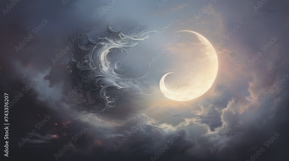 Poster a moon and a cloud with a dragon in the sky. generative ai.