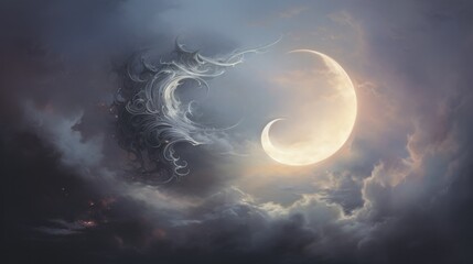A moon and a cloud with a dragon in the sky. Generative AI.