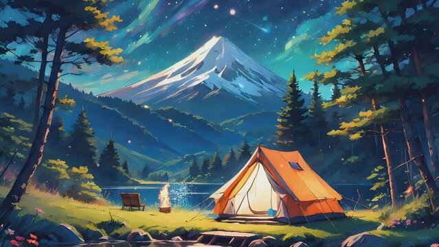camping at night is beautiful. digital painting illustration with cartoon or anime style. seamless looping 4K video animation background.
