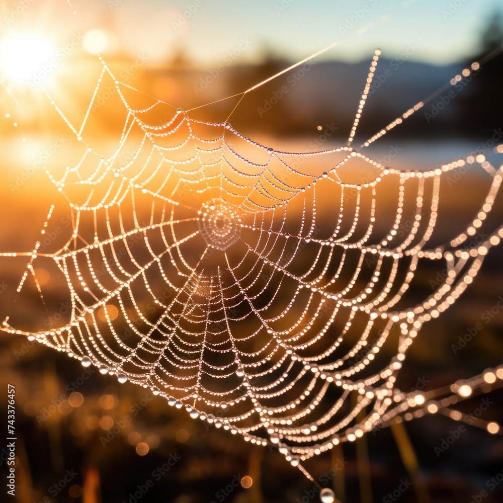 Poster a spider web with dew on it in the morning. generative ai.