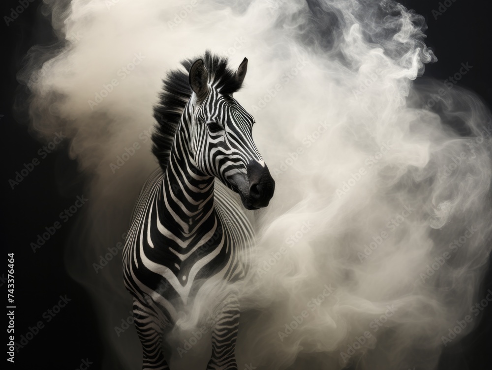 Poster a zebra standing in a cloud of smoke. generative ai.