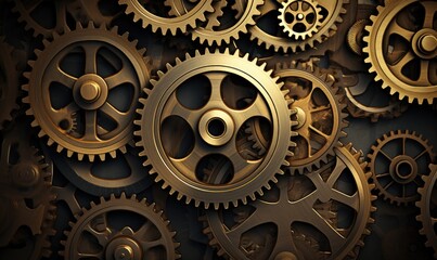A group of gears on a black background. Generative AI.