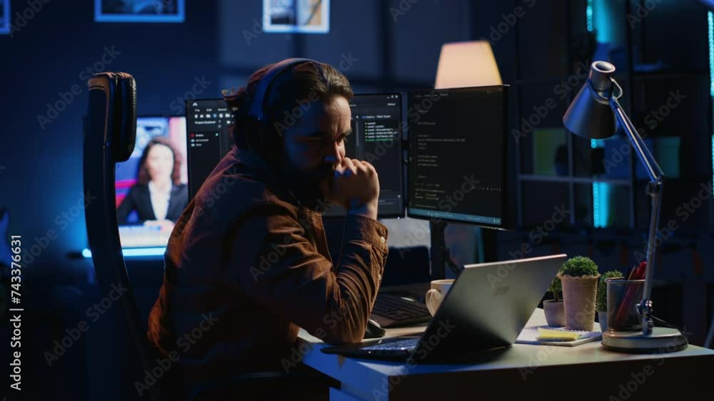 Poster frenzied programmer suffering from adhd illness, impatiently taping desk with fingers while writing 