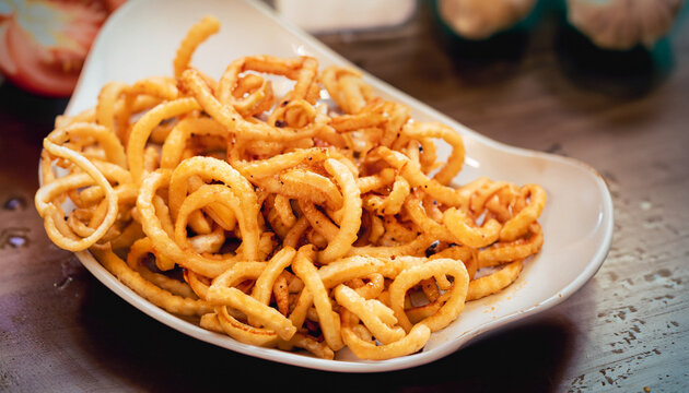Spicy Seasoned Curly Fries Ready to Eat, selective focusing for film look effect