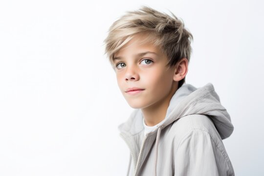 Portrait of a cute little boy in a hoodie on a white background