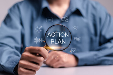 Action plan concept. Business and marketing, objective, strategy, Plan and implementation. Person use magnifying glass focus to action plan icon for Strategic, Vision, Planning and Direction.