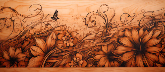 floral foliage on wooden engraving pyrography