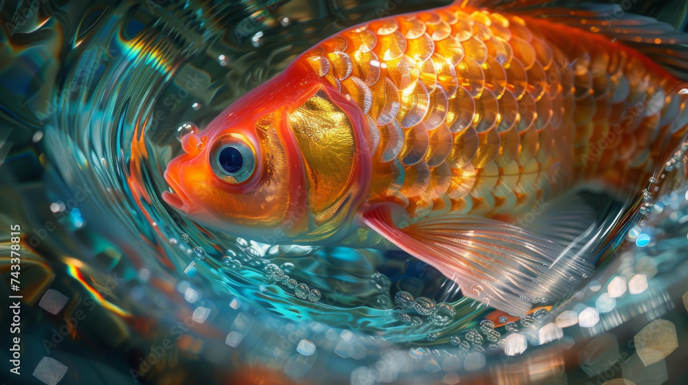 Poster the textured scales of a colorful fish revealing a pulsating pattern as it swims gracefully through 