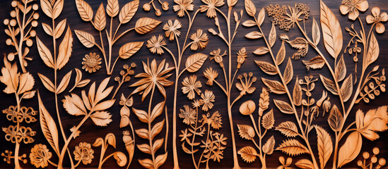 floral foliage on wooden engraving pyrography