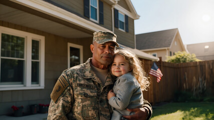 A male veteran american soldier in military uniform hugs his wife and little daughter while standing in front of their house. The concept of a emotional military happy homecoming. Sunny day