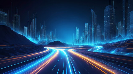 Fototapeta na wymiar Abstract road with blue light trails , data transfer speed and digitization concept