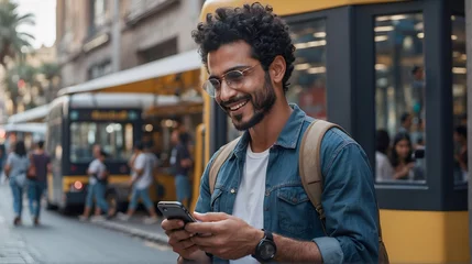Foto op Aluminium attractive beautiful young black or arab man using and texting on his smart phone mobile for service 5g digital communication and online social media © New generate