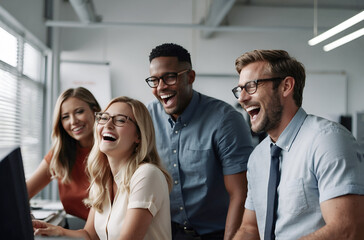 Coworkers laughing in a brightly lit office wearing glasses