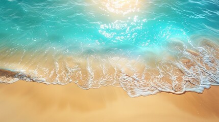 Fototapeta na wymiar Abstract sand beach from above with light blue transparent water waves and sunlight, summer vacation background concept banner with copy space.