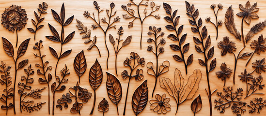 floral foliage on wooden engraving pyrography - obrazy, fototapety, plakaty