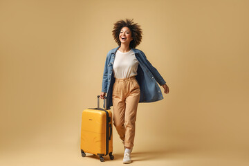happy woman walking or jumping with suitcase isolated on light yellow background. copy space