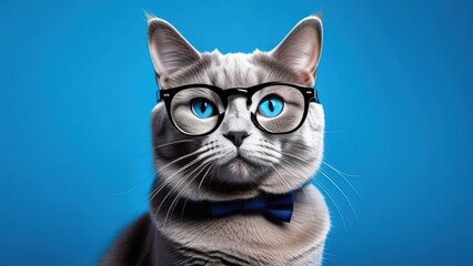 Portrait of a cute cat wearing glasses on a blue background, a gentleman or student cat in the background