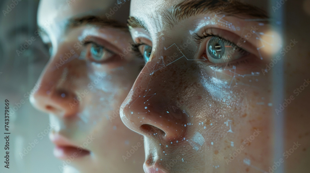 Poster A closeup of a digital twins face with different facial expressions and physical features changing based on realtime health data and predictions.