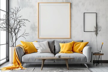 Modern Living Room Interior with Elegant Sofa Adorned with Vibrant Yellow Pillows, a Stylish Coffee Table, and Beautiful Wall Decorations