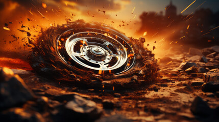 Vibrant Water Splashes: Abstract Reflections in Blue and Gold - Macro Motion of Nature's Liquid Circles and Waves, generative AI