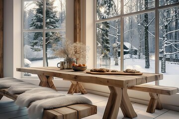 Serene Winter Retreat Cozy Wooden Room Overlooking Snow-Covered Tranquil Forest Landscape in Soft Sunlight