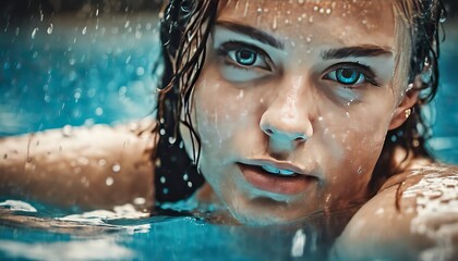 Fototapeta na wymiar portrait of a pretty girl in the pool, wet portrait, wet gir in the pool, woman is swimming in the pool