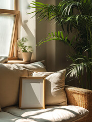 a mockup of a wooden A4 frame in a neutral boho living room with a sofa, window, natural sunlight, plants.