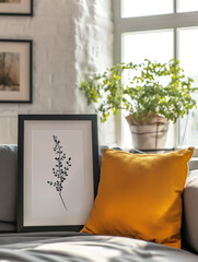a mockup of a wooden A4 frame in a neutral boho living room with a sofa, window, natural sunlight, plants.