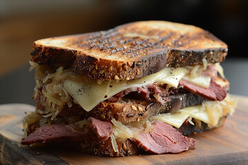 Reuben: A grilled sandwich with corned beef, Swiss cheese, sauerkraut, and Russian or Thousand Island dressing on rye bread.