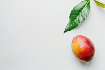 Mango fruit and leaves on white background. Flat lay, top view - obrazy, fototapety, plakaty