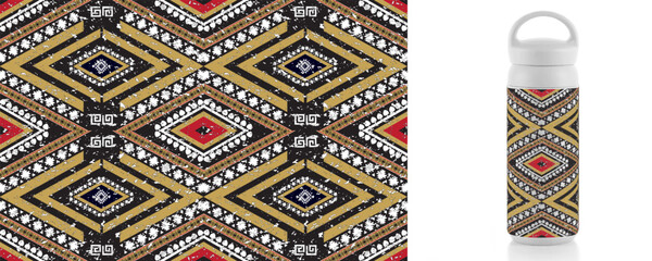 Vector traditional ornamental Ethnic pattern on tumbler mock up. Embroidery colorful trend ethnic pattern. Design for ikat, blanket, fabric, clothing, carpet, textile, ethnic, batik, embroidery.