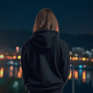 Back view of a woman in black hoodie on city background