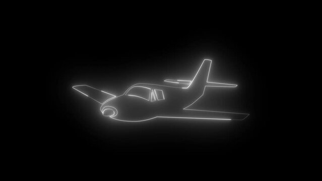 Neon glowing white airplane icon animation in black background