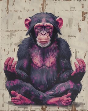A creatively edited image of a chimpanzee in meditation pose, with vibrant pink and purple hues giving an otherworldly vibe