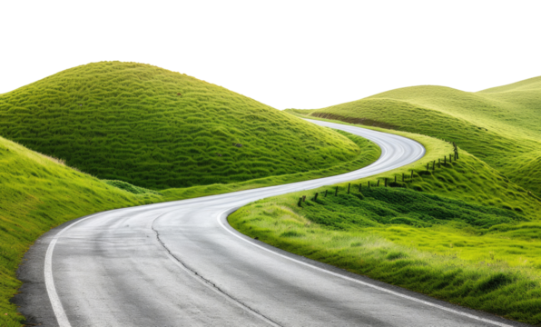Asphalt road among the green hills isolated on transparent background