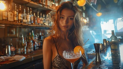 Beautiful woman preparing cocktail on the bar counter.