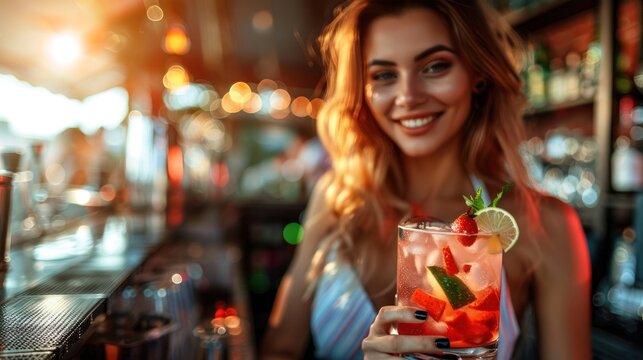 Beautiful woman preparing cocktail on the bar counter. - Powered by Adobe