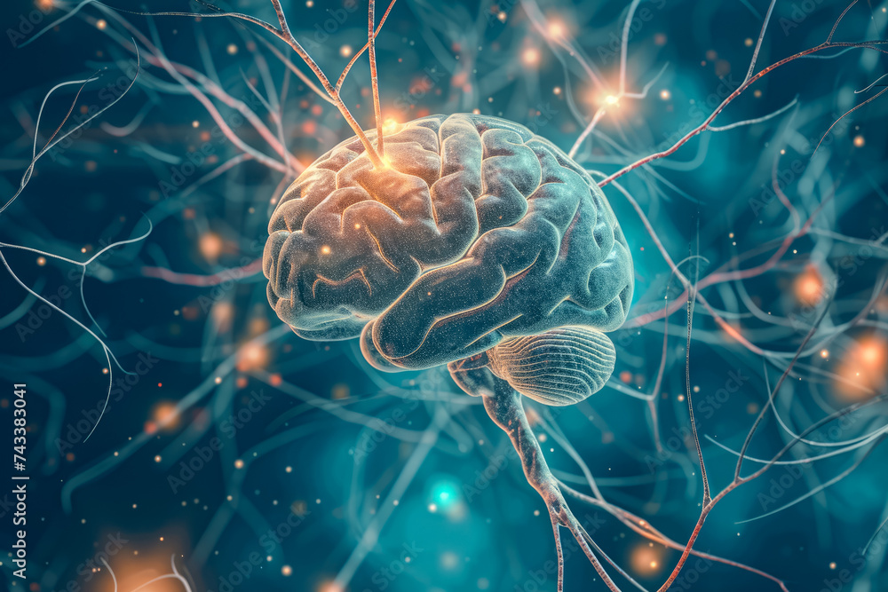 Aufkleber brain with a gray color and a nerve shape and a health overlay on the thought