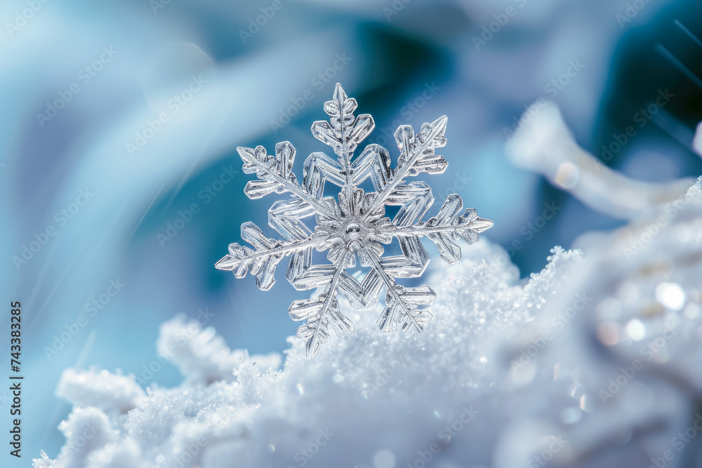 Poster snowflake with a white crystal and a winter overlay on the tip
