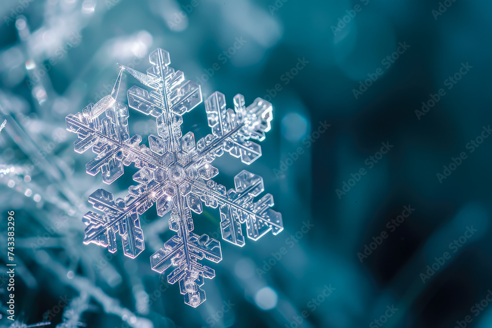 Poster snowflake with a white crystal and a winter overlay on the tip