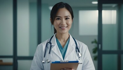 female Asian doctor, nutritionist in hospital, clinic. Friendly and similing