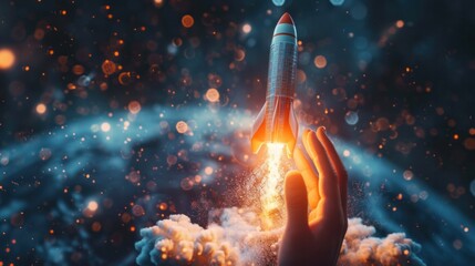 Businessman-controlled rocket is launching and soaring from hand into the sky for growing business, fast business success, and startup business concept.