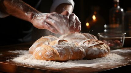 Flour over a wooden surface for bakery preparation with a chef's hands are captured mid motion in a cozy kitchen.