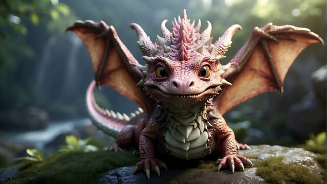 A cute Kawaii tiny hyper realistic Dragon with a plain background.