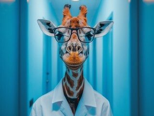 A whimsical image of a giraffe wearing a lab coat and glasses in a blue room