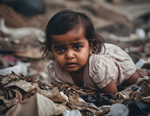 Portrait of indian baby girl crying tear on garbage dump