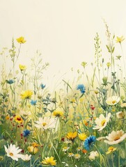 This soothing portrayal shows varied wildflowers in a meadow evoking a peaceful and nostalgic atmosphere